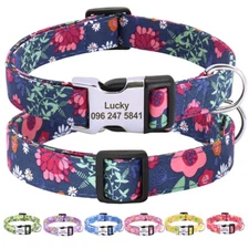 Floral Nylon Pet Dog Collar Custom Personalized Puppy Name ID Tag Engraved S M L