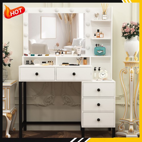 Modern Vanity Makeup Desk with 11 LED Lighted Mirror and 5 Drawers White Dresser - Picture 3 of 9