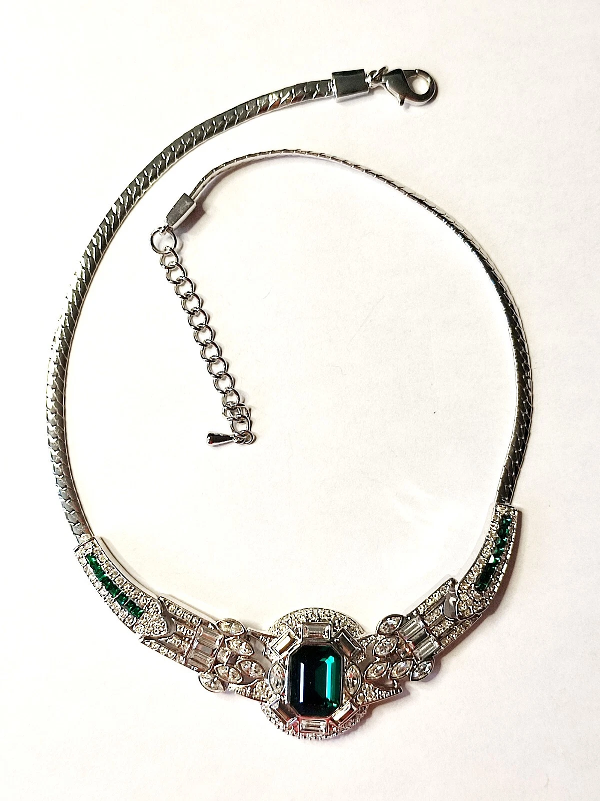 DIOR SPLENDIDA COLLANA VINTAGE PLACCATA IN RODIO STILE ART DECO REVIVAL VERDE CRIS