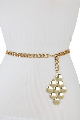 Women Elegant Belt Gold Metal Chain Link Skinny Waistband Grape Buckle M L XL