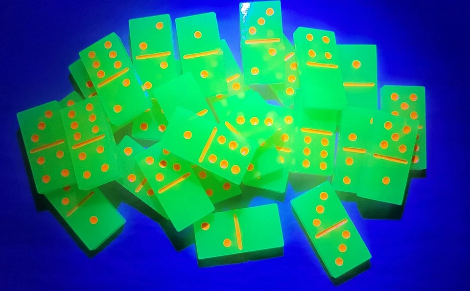 Handmade Glow in The Dark Green with Orange Dots Dominoes Double 6 Set, Gift Toy - Image 2 of 4