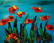 RED FLOWERS LANDSCAPE   Oil Painting   abstract SIGNED  Original on canvas 432