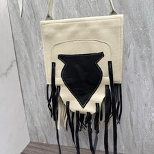 Navajo Handmade Leather Crossbody Purse Fringe Cream Black Arrowhead Boho
