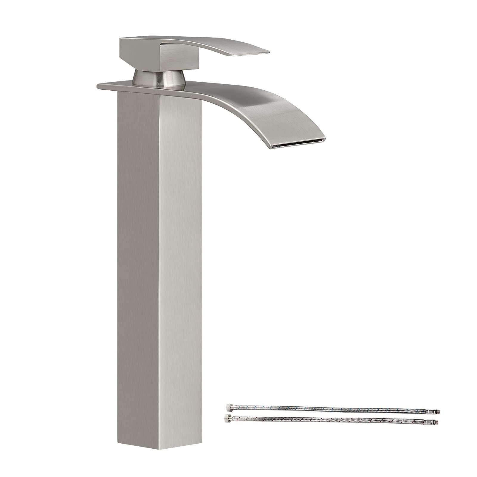 Waterfall Spout Brushed Nickel Bathroom Faucet, Tall Single Handle