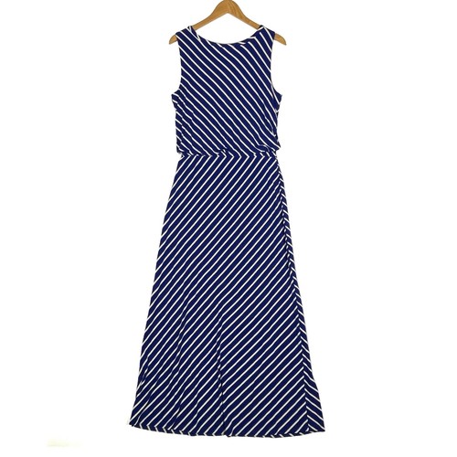 Maxi Vestido Largo Talbots Talla L Sin mangas A Rayas Azul/Blanco Tejido Cordón Cintura - Imagen 8 de 12