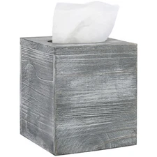 Gray Wood Square Tissue Box Cover with Slide-Out Bottom Panel, Tissue Holder