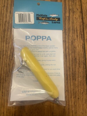 Cap n Andy Poppa 1 3/4 oz Wooden Striper Plug 4.25  Yellow Back VTG New Stock