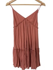 Wild Fable Babydoll Mini Dress Tiered Coral Ruffle Summer Rayon Boho Tie Back S