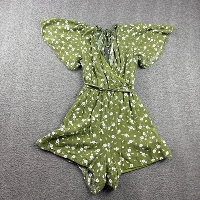 Mi Ami Olive Green Floral Romper XS Flutter Sleeve Tie Waist Mini Jumpsuit
