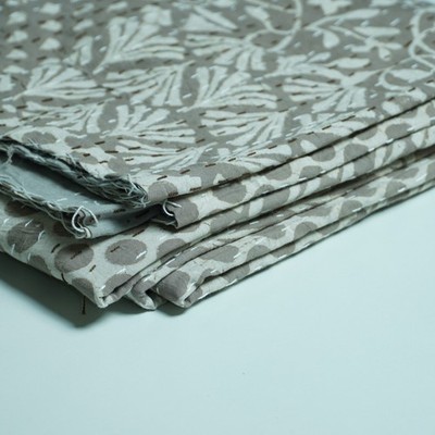 Gray  Floral Block Print Kantha Quilt Handmade Cotton Bedspread