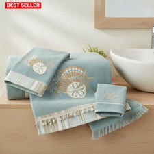 Bath Hand Fingertip Towel Set 3 Pc Soft Sheared Velour Ring Spun Cotton Coastal