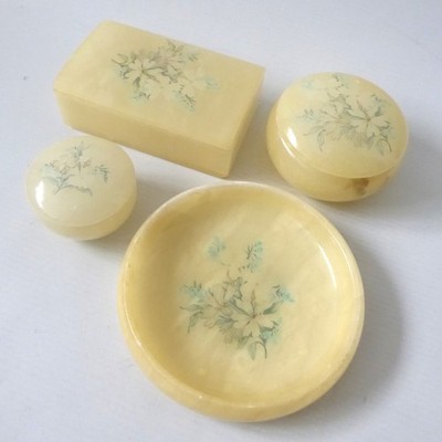St Michael's 1980s vintage alabaster stone trinket box dish set. Flowers, Italy