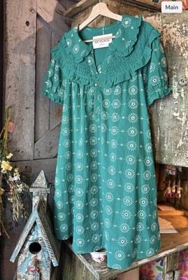 Umgee Dress Kelly Green Embroidery Peter Pan Collar  Plus Size: XL NWT