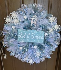 Christmas Winter Let it Snow Deco Mesh Wreath Blue White