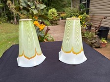 CUT Pair of Quezal or Steuben Art Glass Green Pulled Feather Lamp Shades READ!