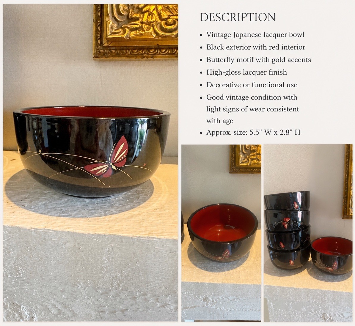 Vintage Japanese Lacquer Bowls Set of 5  Butterfly Motif Traditional Tablewear