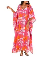 Women Caftan Dress V Neck Batwing Sleeve Floral Print Beach A Pink Orange