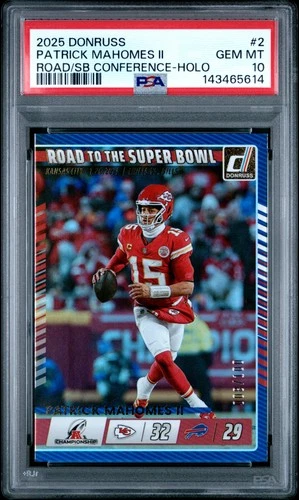 2025 DONRUSS CONFERENCE CHAMPIONSHIP HOLO #2 PATRICK MAHOMES II 008/100 PSA 10