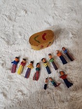Vintage Guatemalan Worry Wish Stress Dolls Wooden Box w/ 11 Tiny Mini Handmade