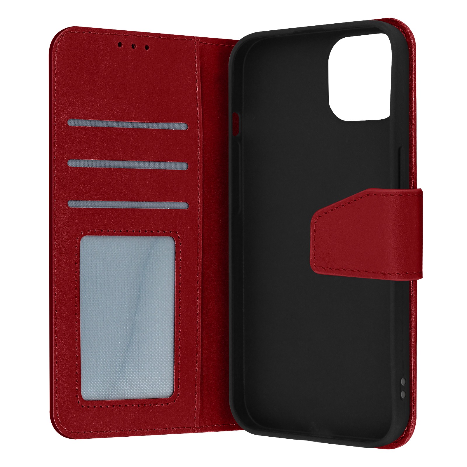 Coque en cuir iPhone 14 Pro Max avec porte-carte et support vidéo rouge élégant