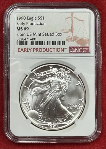 1990 $1 SILVER EAGLE NGC MS69 EARLY PRODUCTION FROM US MINT SEALED BOX $350 Valu