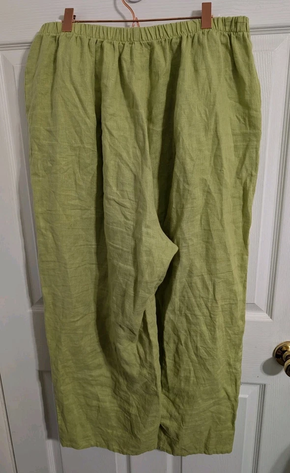 FLAX Womens Pants 100% Linen Green Pockets Elastic Waist Size Large - Image 2 of 4