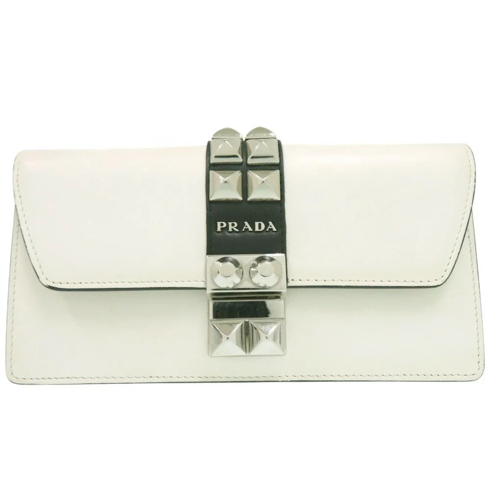Prada Authentic Studded Chain Wallet Crossbodylong White Leather *Gbr5191 thumbnail 2