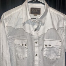 Wrangler Retro Pearl Snap Shirt L White w/ brown stitching Western Yoke