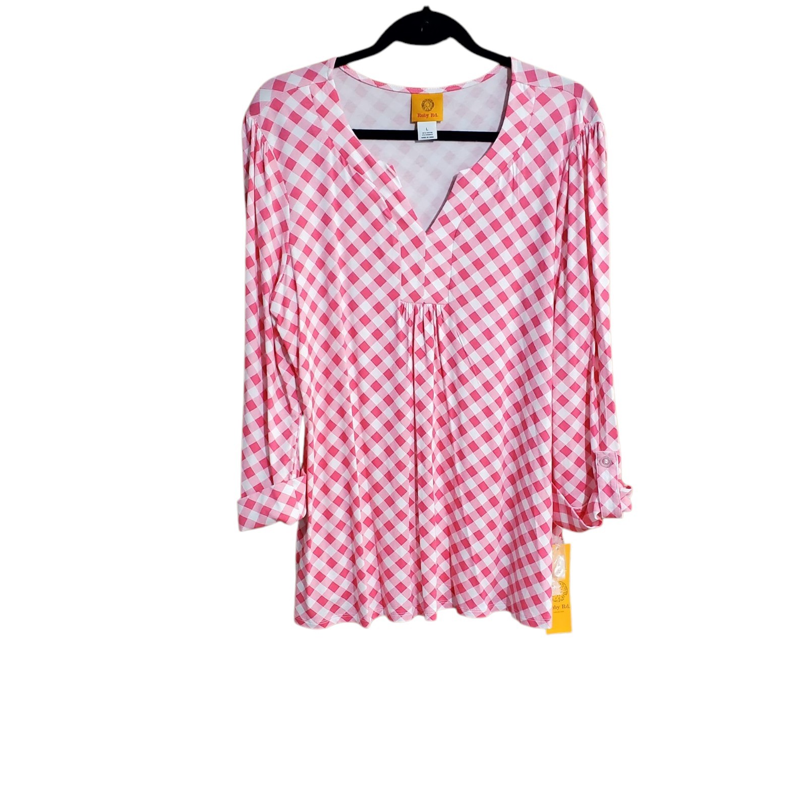 Ruby Rd Womens Top Size Large Pink Gingham Check Pleated 3/4 Sleeve Blouse New