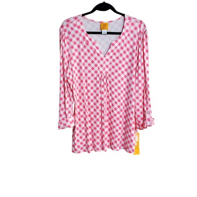 Ruby Rd Womens Top Size Large Pink Gingham Check Pleated 3/4 Sleeve Blouse New