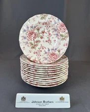 12 Johnson Brothers ROSE CHINTZ PINK 8 ½” Rim Soup Bowls 1883 Stamp: EUC