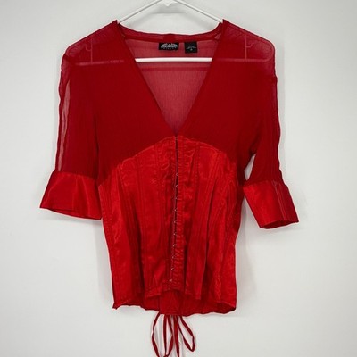 Silk Corset Blouse Red Sheer Hook Front Y2K Gothic Top M Victorian Romantic