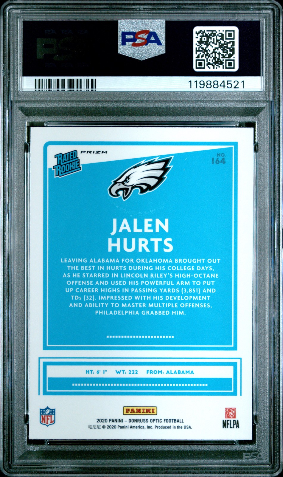 2020 Panini Donruss Optic #164 Jalen Hurts Blue Scope (PSA 10) view 2