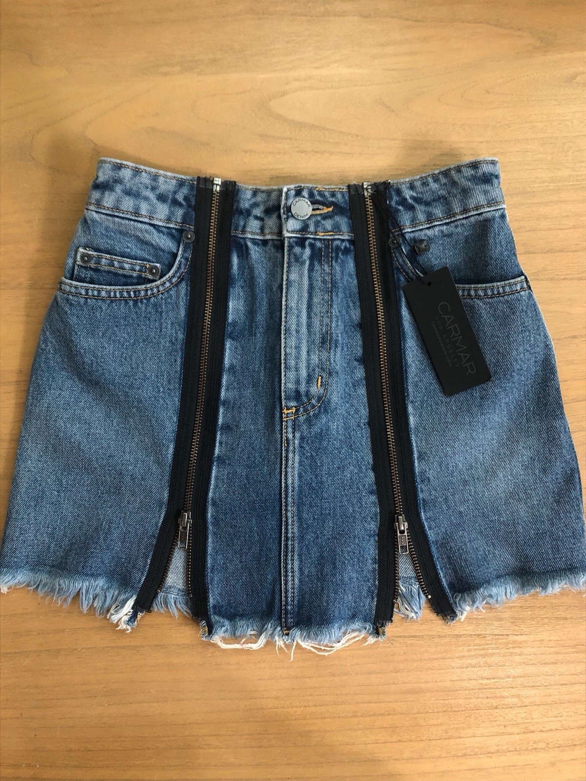 Carmar Denim Blue Jean Skirt Double Zip Front Odessa Colin Frayed Hem Size 26