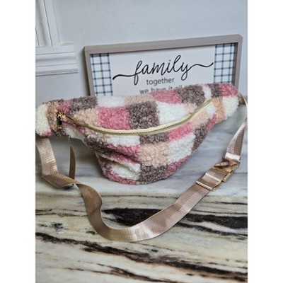 Simply Southern Sherpa Belt Bag Pink Cream Brown Checkerboard Fanny Pack NEW