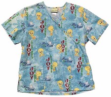 Tweety Bird Scrub Top Joy To The World Christmas Nurse Scrubs Shirt Size Large