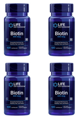 Lot of 4 Life Extension Biotin 600 mcg Healthy Hair Strong Nails 100 Capsules