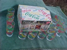 1987 COCA COLA 12 PC Indiana Glass Colorful Beverage Set Original Open Box COKE