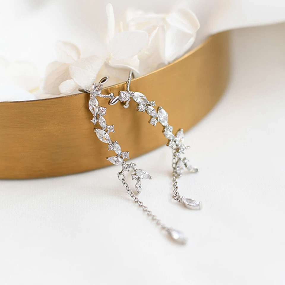 Sterling Silver Large CZ Leaf Wing Feather Cuff Crawler Climber Earrings — 第 3/4 张图片