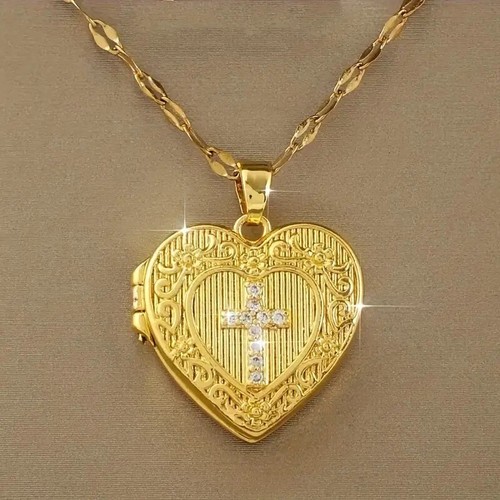 Golden Heart-Shaped Photo 18k Gold Plated Locket Copper Necklace Jewelry Gift