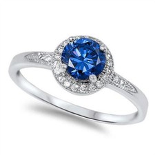Halo Blue Sapphire  Cz Fashion .925 Sterling Silver Ring