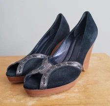 COLE HAAN Black Suede Peep Toe Platform Wedge Shoes Style D20158 (Size 10B)