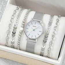 OROLOGIO DA POLSO IN ACCIAIO + SET 5 BRACCIALI DONNA RAGAZZA + SACCHETTO OMAGGIO