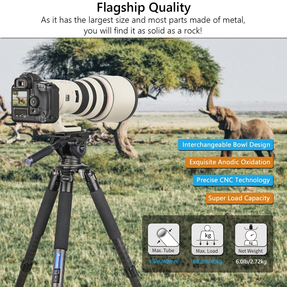 Carbon Fiber Tripod Heavy Duty Bowl ARTCISE AS90C Camera Tripod Ultra Stable Carbon Stand 10 Layers Carbon Fiber 40mm Leg Tube Max Load 88