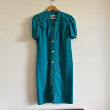 Vintage Teal Blue Midi Dress Button Up Shift Shirt Dresss Puff Sleeve 80s 90s