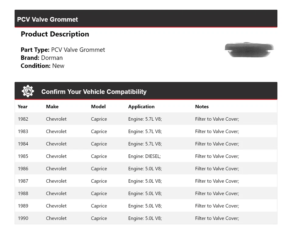Ojal de válvula PCV para Chevrolet Caprice Dorman 1982-1990 1983 1984 1985 1986 Foto 2 de 4