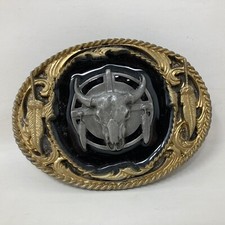 VTG Siskiyou Bull Skull Feathers Longhorn Belt Buckle Faux Gold Trim Native