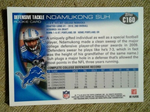 2010 Ndamukong Suh Topps Chrome RC & Rookies & Stars Freshman Orientation 28/299 - Picture 2 of 4