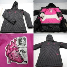 Volcom Down Jacket Women Medium Black Quilted Ski Hood Waterproof RIII Cola