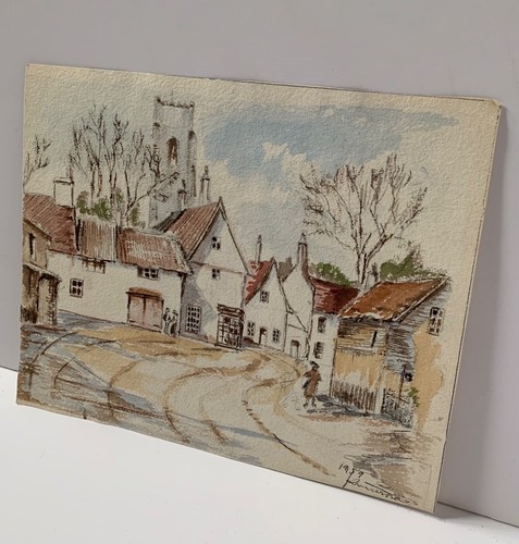 VINTAGE DOUBLE SIDED WATERCOLOUR PAINTING TOWN BUILDING CHURCH SIGNED DATED 1959 - Picture 2 of 24